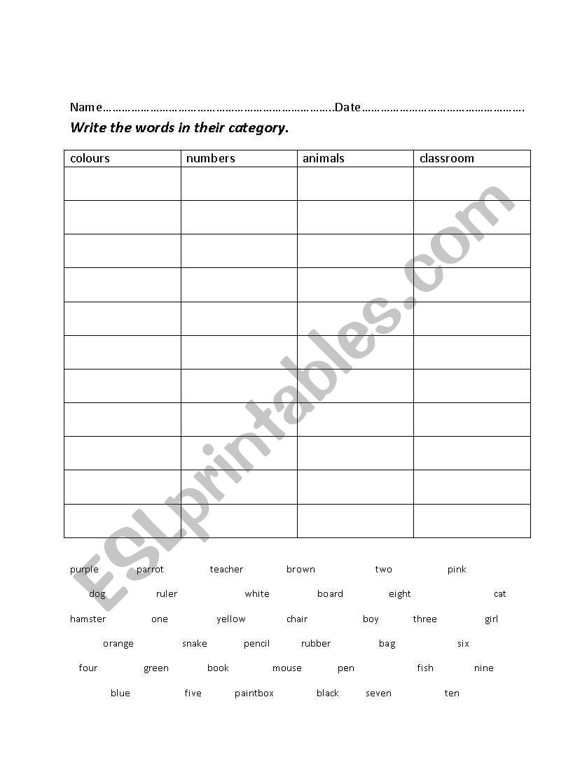 Category worksheet worksheet