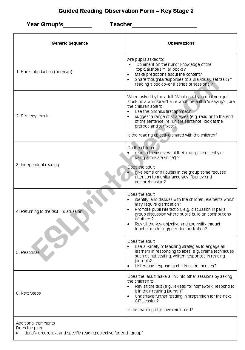 Guided reading observation worksheet