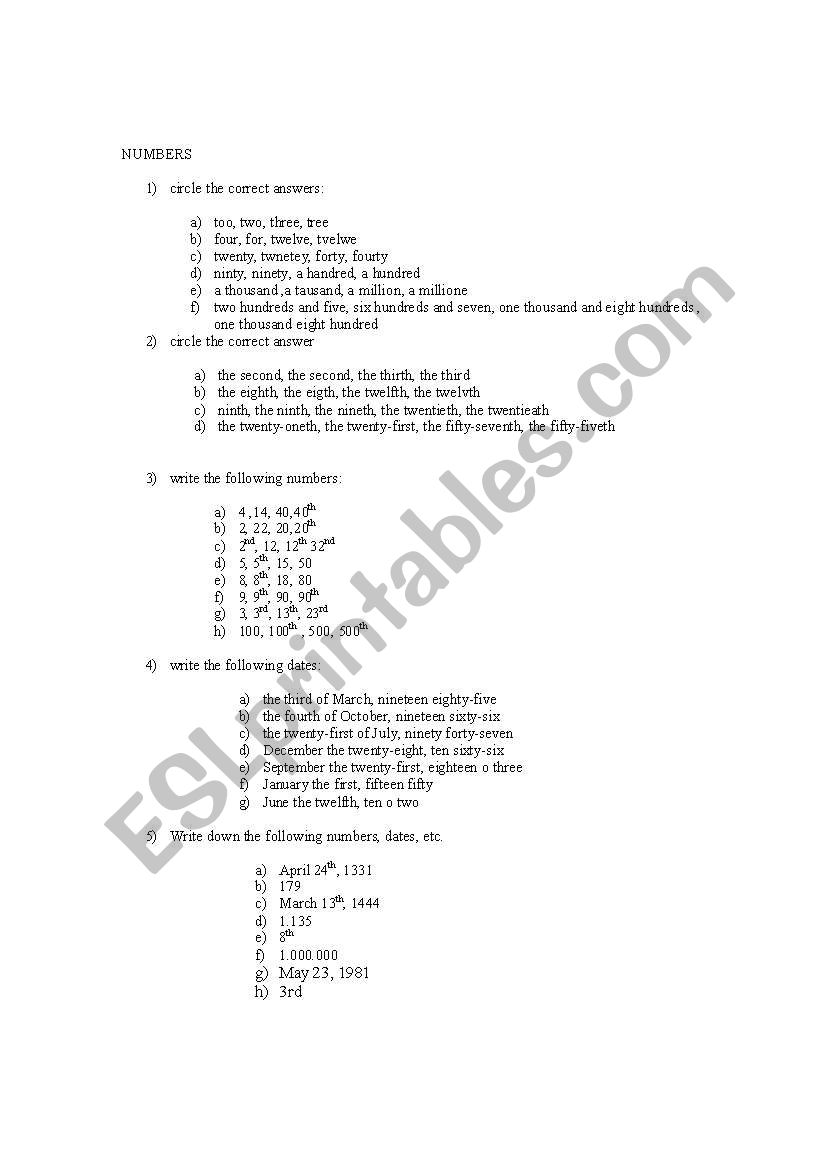 numbers practise test worksheet