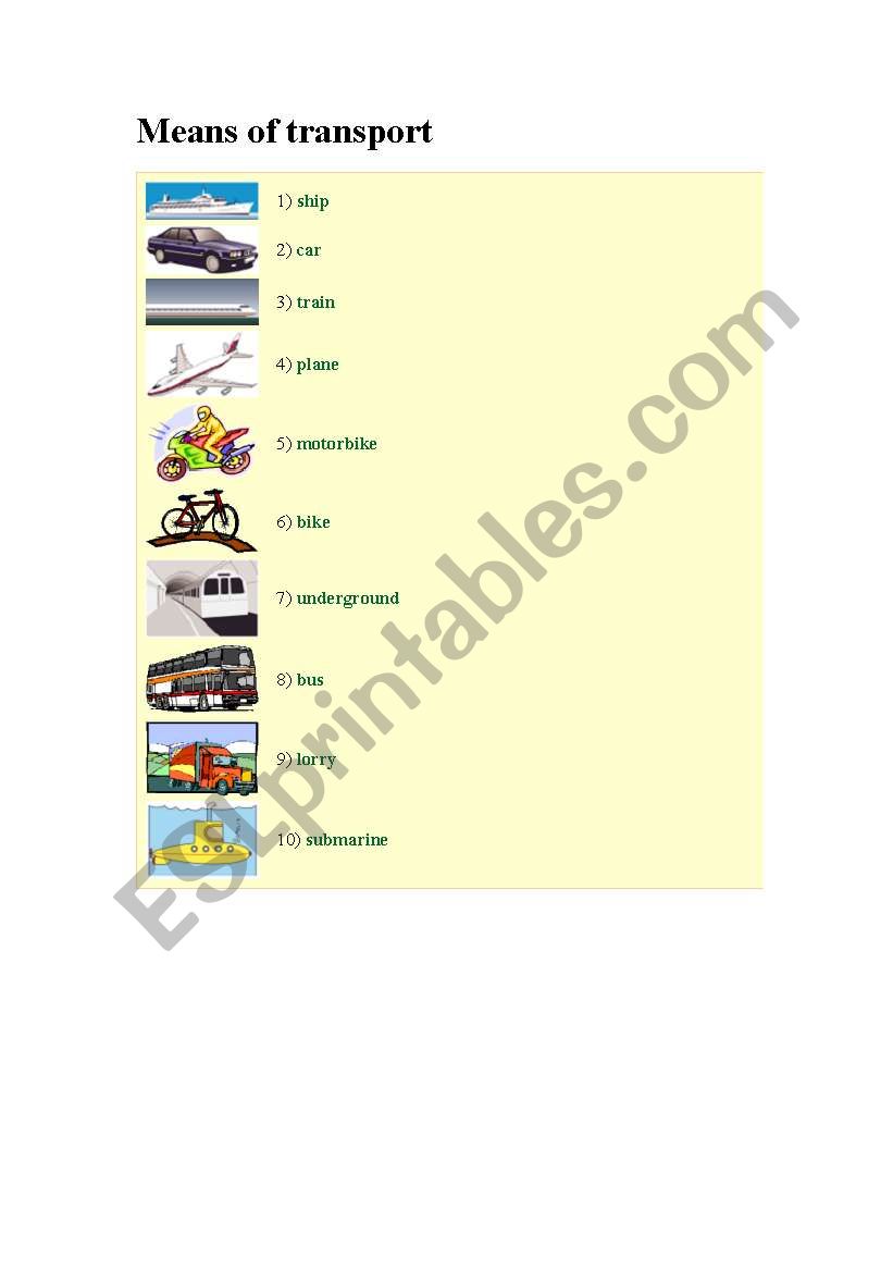means of transport worksheet