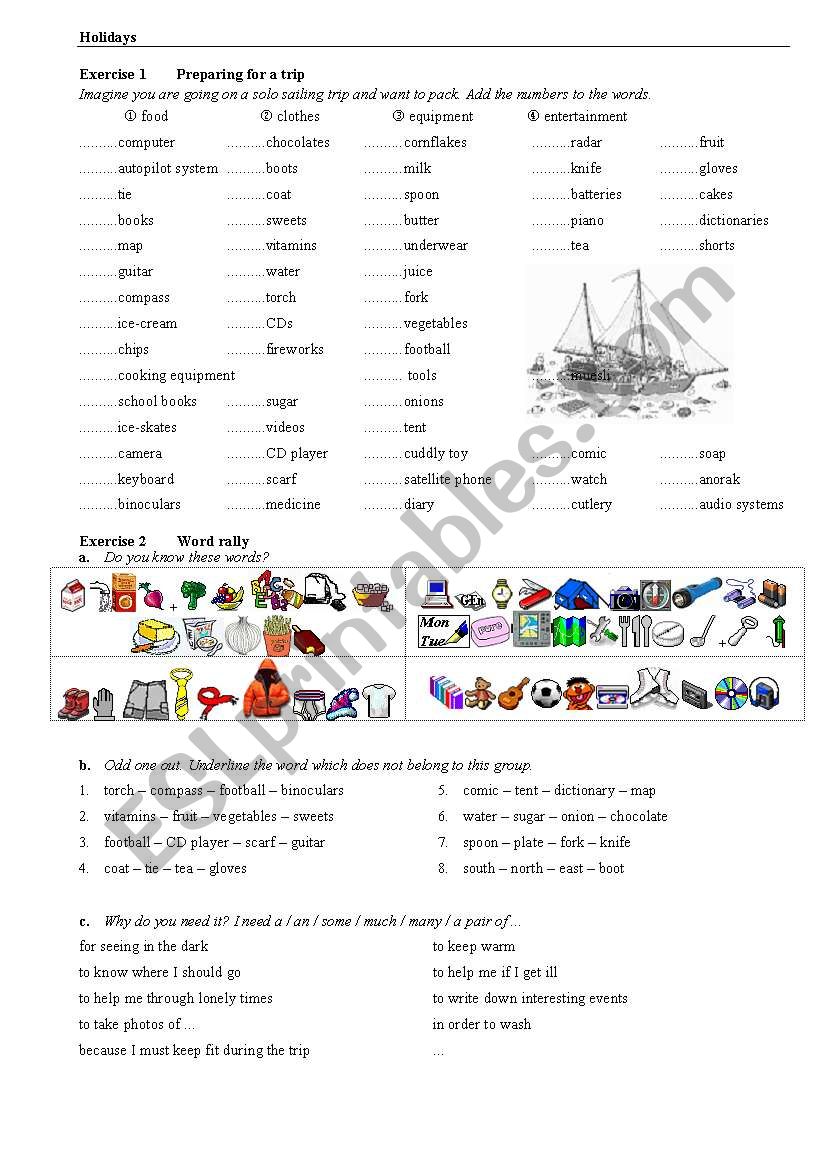 Holidays - things you pack worksheet