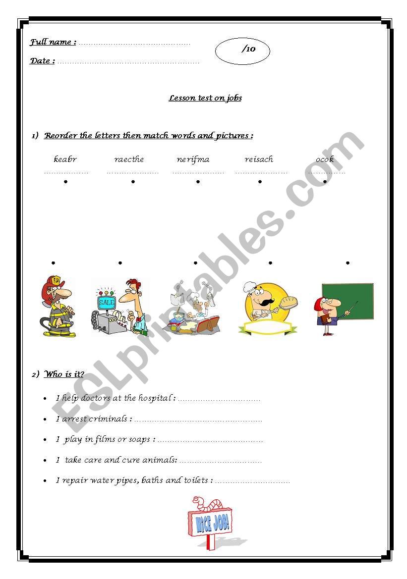 Easy test on jobs worksheet