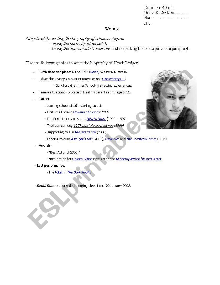 Heath Ledgers Biography worksheet