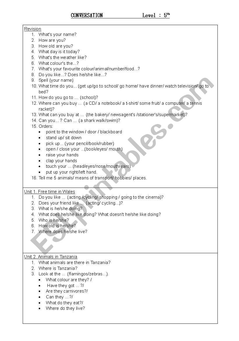 Questions for conversation class in 5š Primaria Questions for conversation class in 5š Primaria
