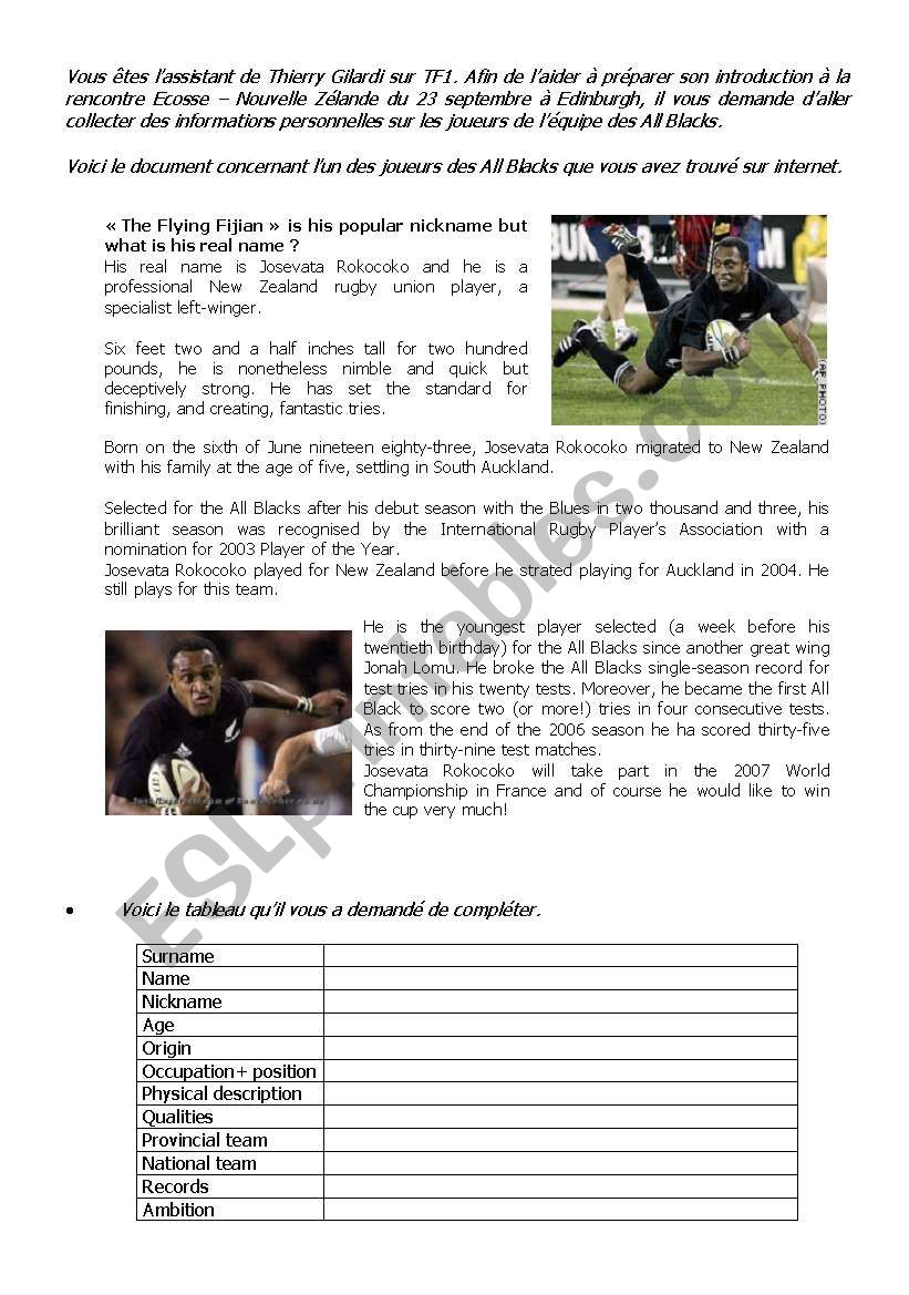 Josevata Rokocoko - rugby worksheet