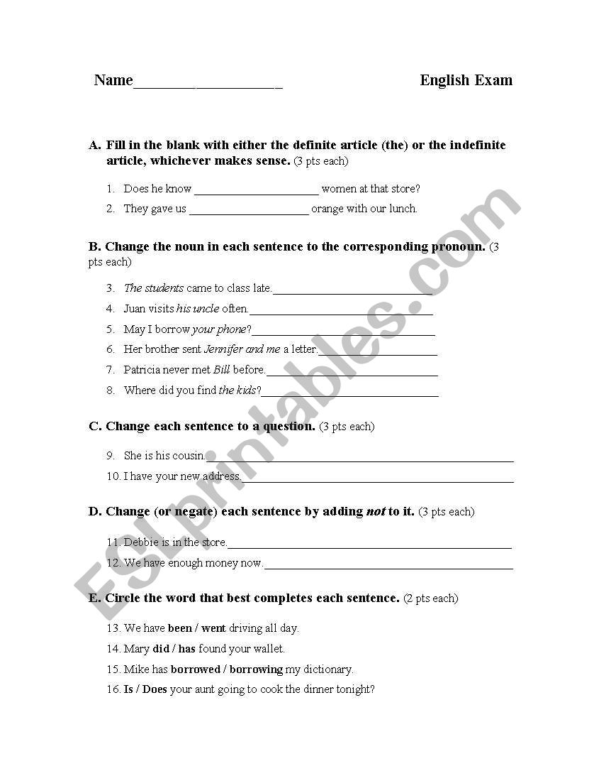 Sample English Grammar Exam/Worksheet