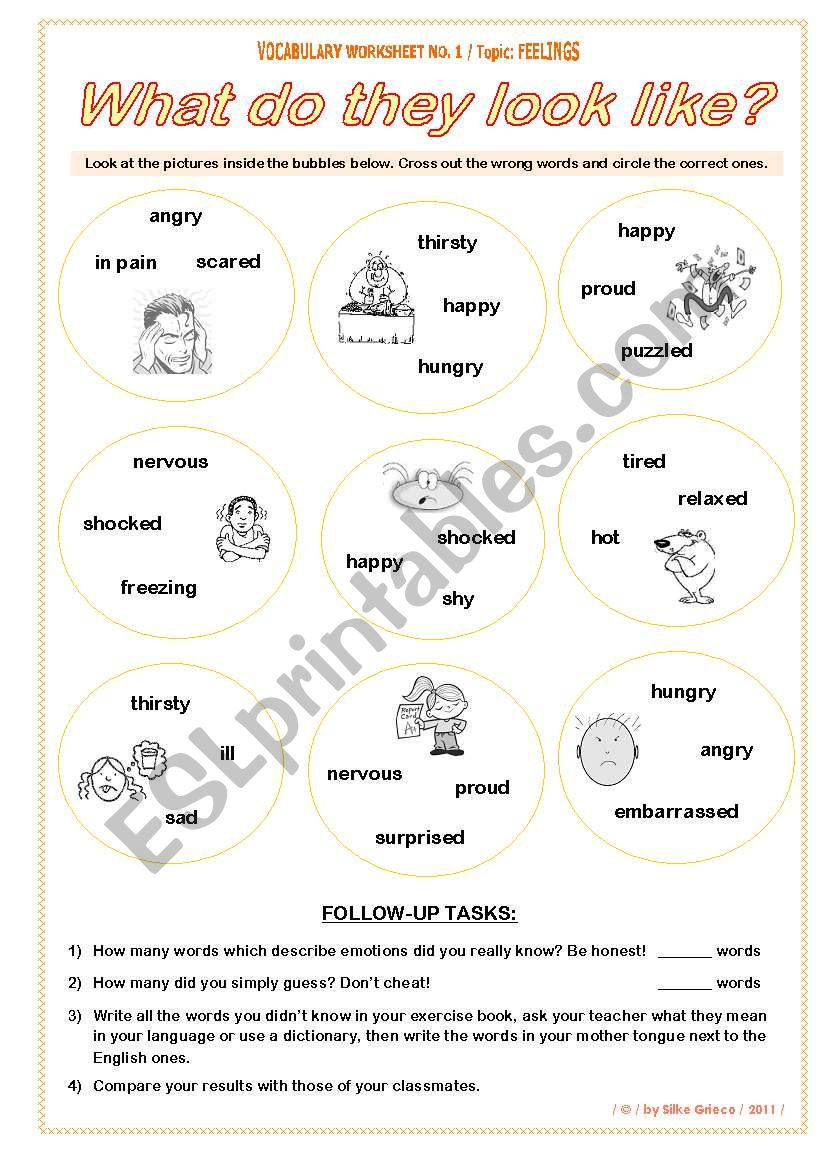 FEELINGS  What do they look like?  VOCABULARY WORKSHEET NO. 1  answer key included  fully editable  GOOD FOR ADULTS AT BEGINNER OR ELEMENTARY LEVEL, TOO!!