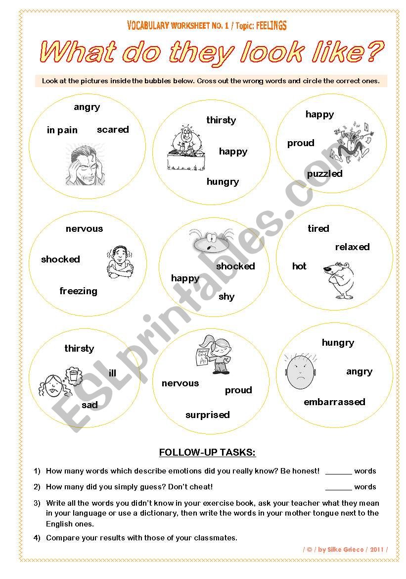 FEELINGS â€¢ What do they look like? â€¢ VOCABULARY WORKSHEET NO. 1 â€¢ answer key included â€¢ fully editable â€¢ GOOD FOR ADULTS AT BEGINNER OR ELEMENTARY LEVEL, TOO!!