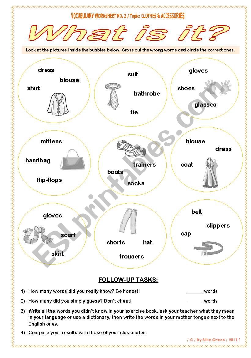 CLOTHES  What is it?  VOCABULARY WORKSHEET NO. 2  answer key included  fully editable  GOOD FOR ADULTS AT BEGINNER OR ELEMENTARY LEVEL, TOO!!