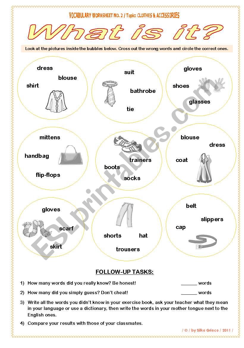 CLOTHES â€¢ What is it? â€¢ VOCABULARY WORKSHEET NO. 2 â€¢ answer key included â€¢ fully editable â€¢ GOOD FOR ADULTS AT BEGINNER OR ELEMENTARY LEVEL, TOO!!