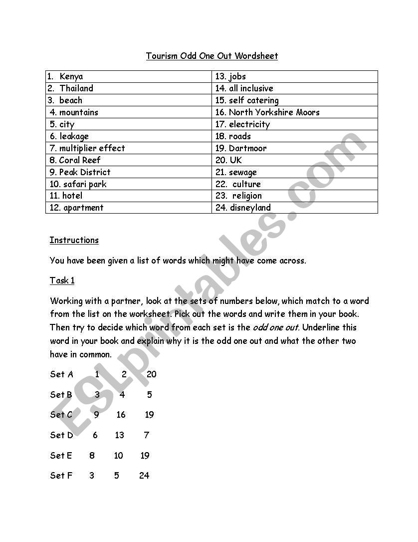 odd one Out Tourism worksheet