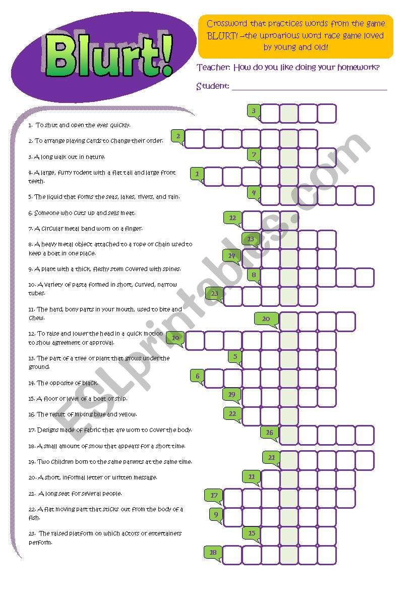 Blurt! Crossword worksheet