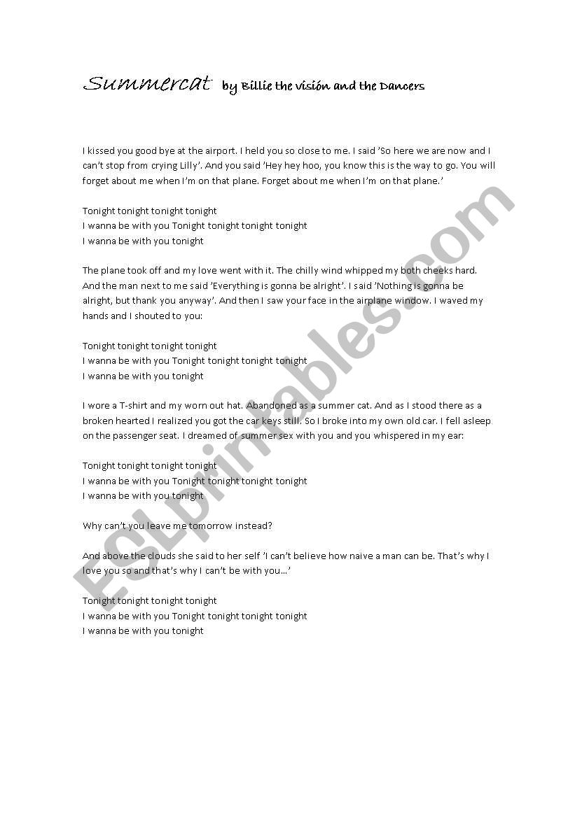 Summercat ( song )  worksheet