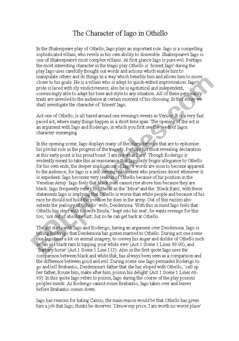 The character of Iago worksheet