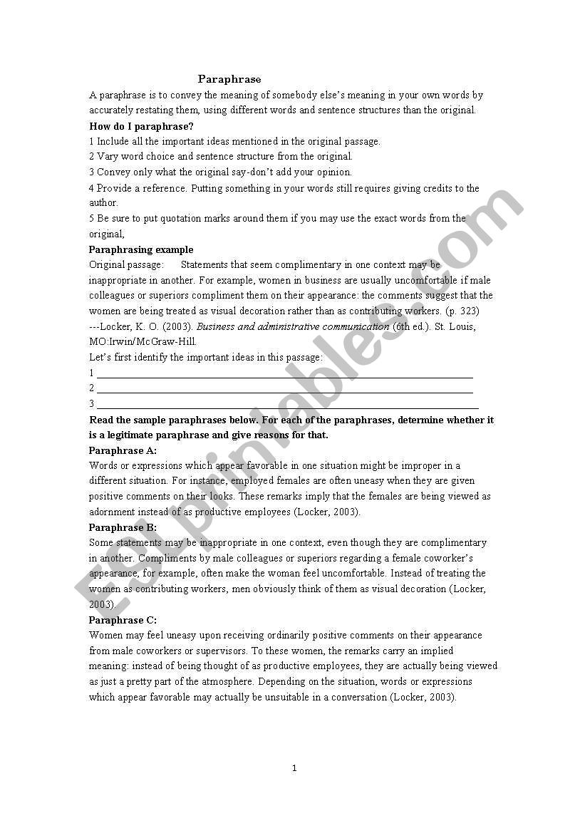 how to paraphrase worksheet