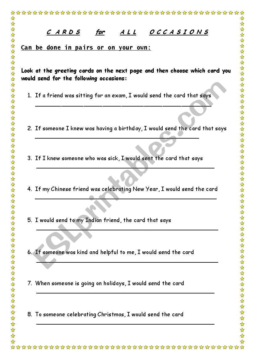 CARDS   FOR   ALL  OCCASIONS worksheet
