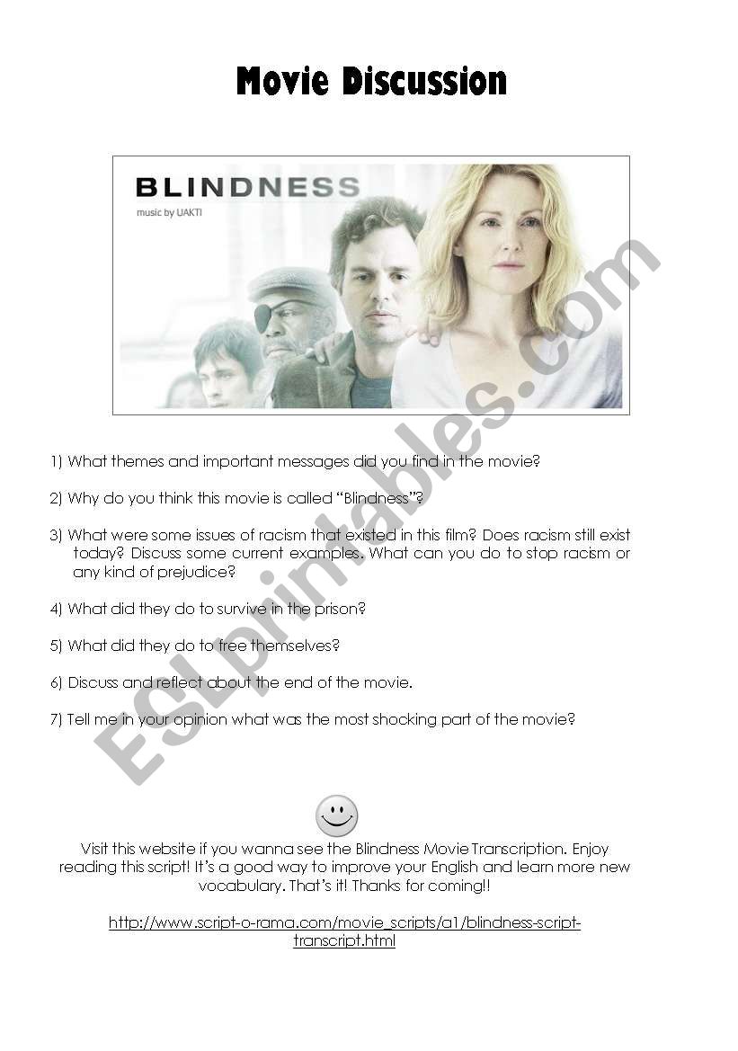 Blindness Movie activity worksheet