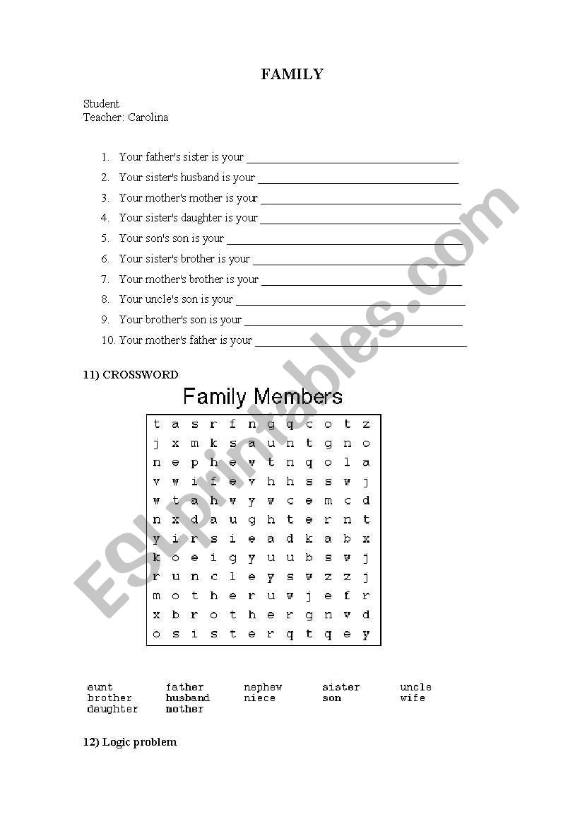 Family activity worksheet