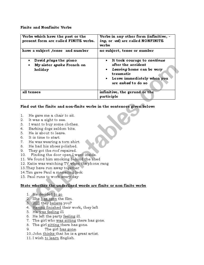 finite and non finite verbs esl worksheet by dipars