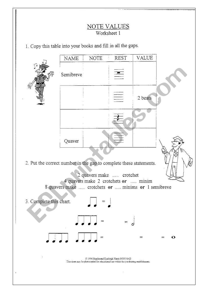 Note values worksheet