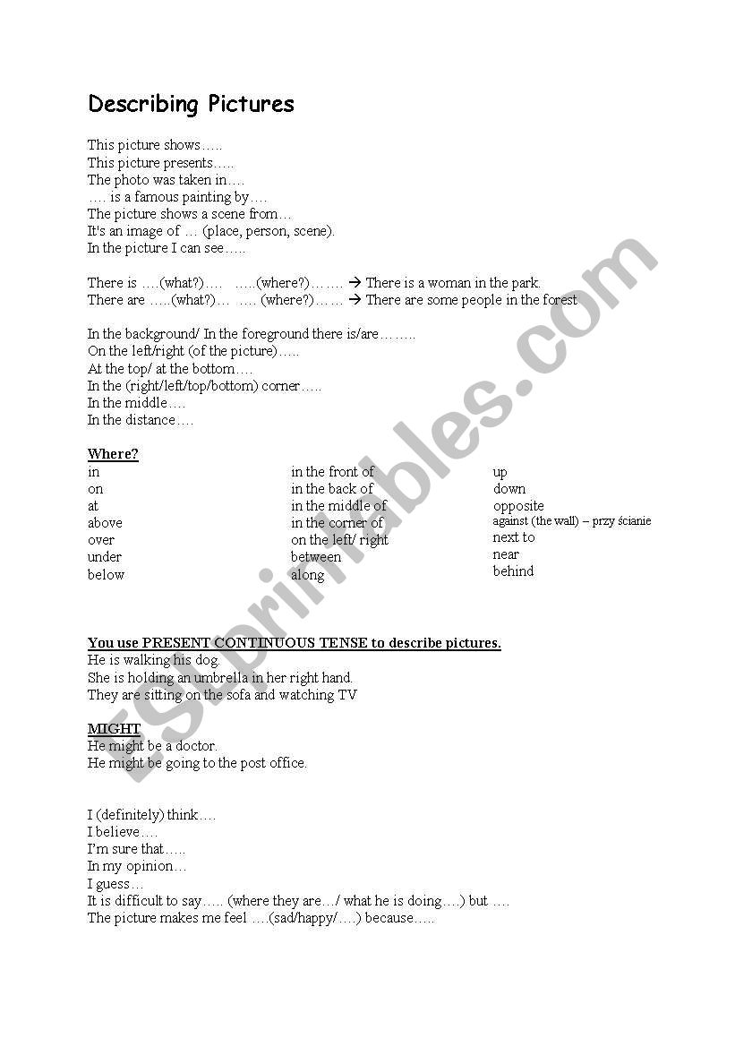 Vocabulary for Describing Pictures (elementary-pre-intermediate)