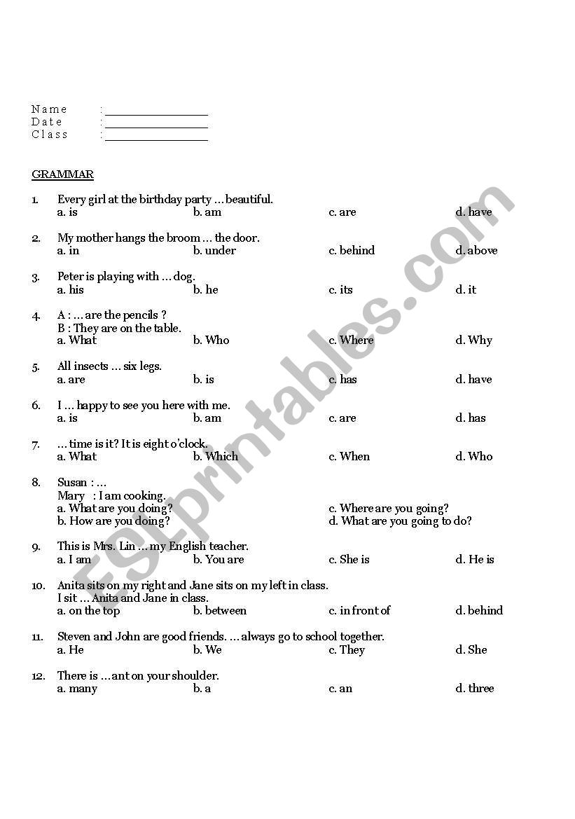 Grammar test worksheet worksheet