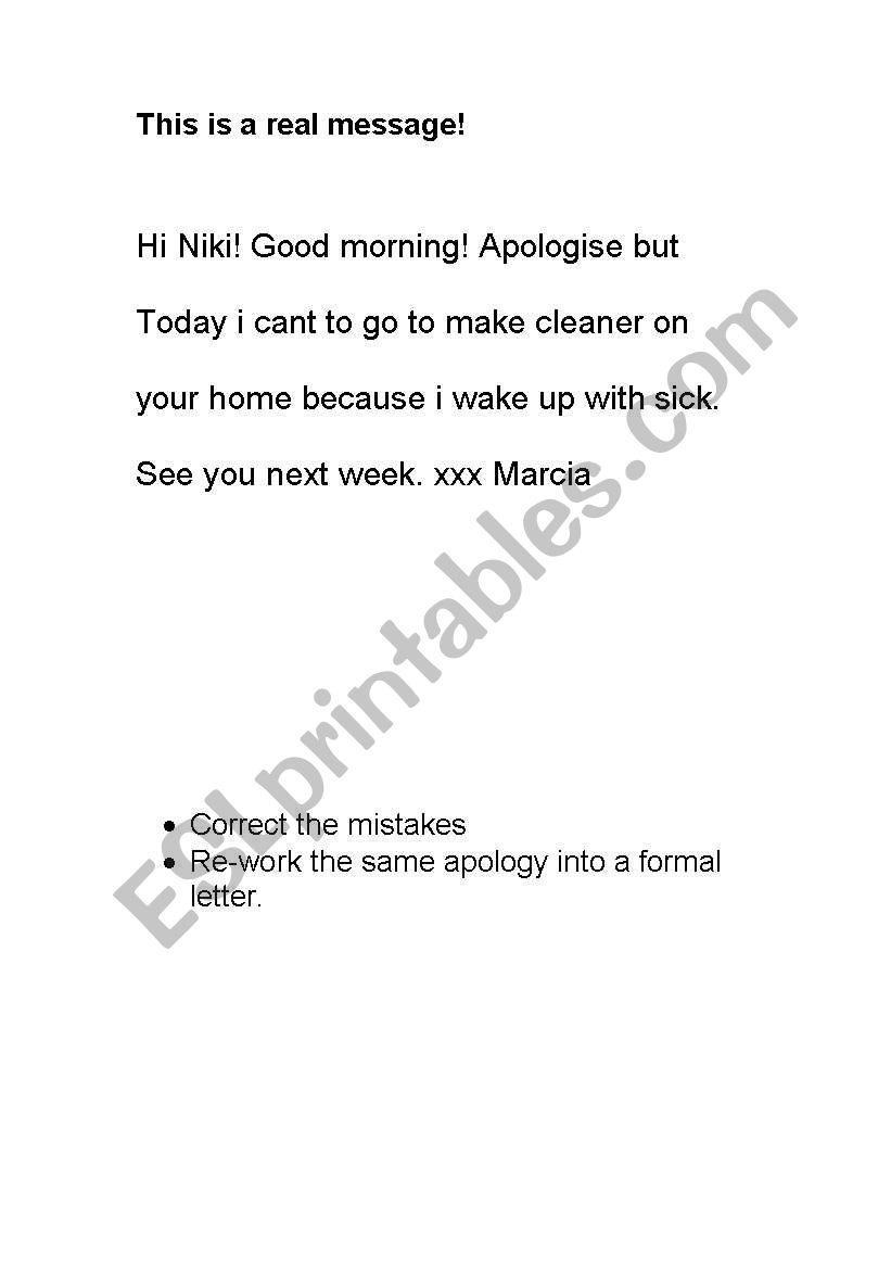 Apology message, authentic worksheet