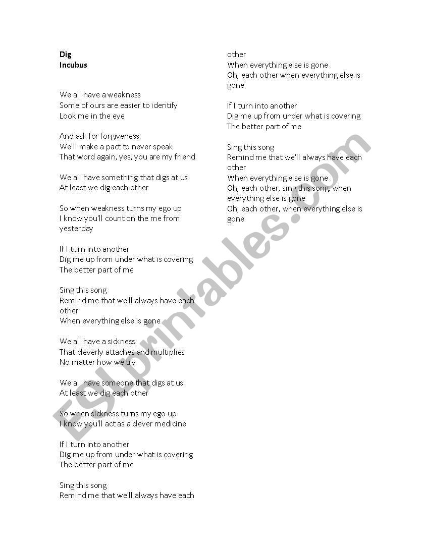 Dig by Incubus worksheet