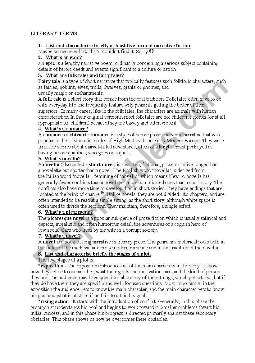 Literary terms worksheet