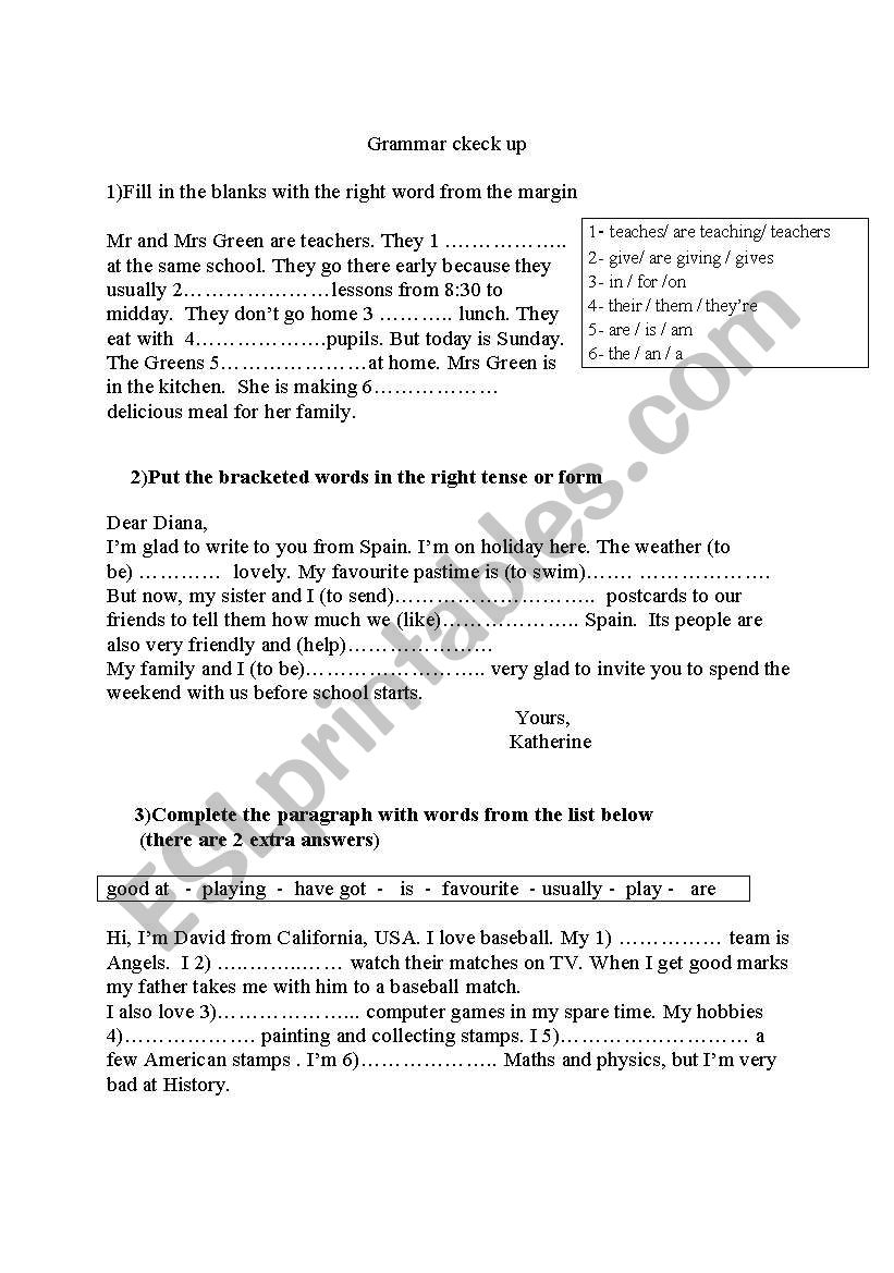 Grammar check up worksheet