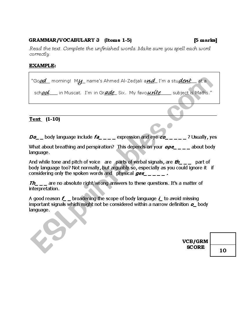 Grammar and Vocab worksheet