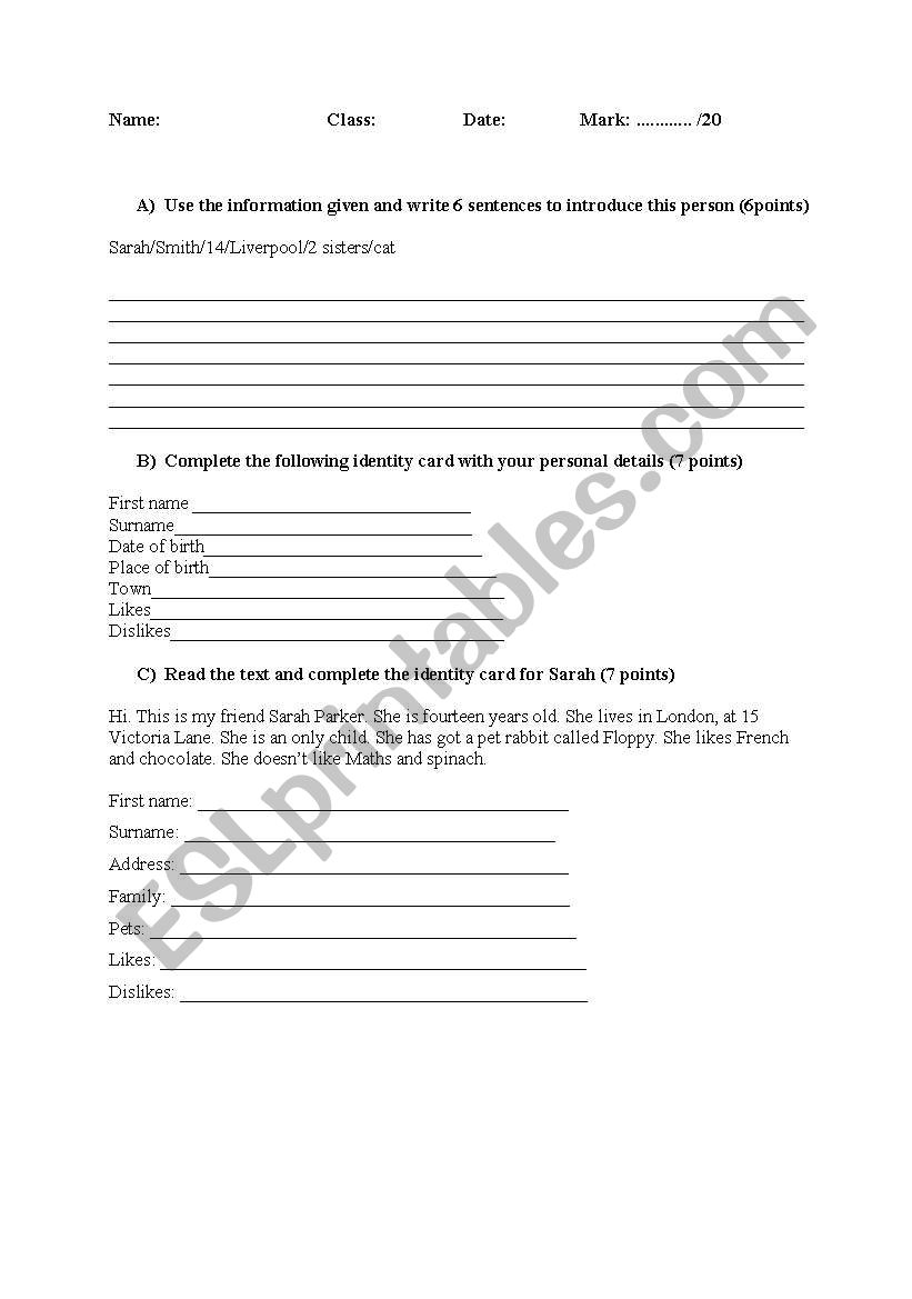 Presenting yourself Test  worksheet