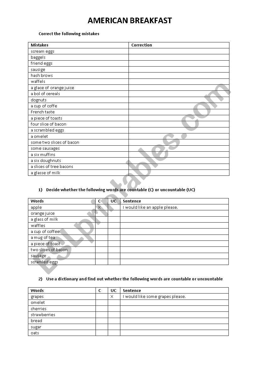 American breakfast  worksheet