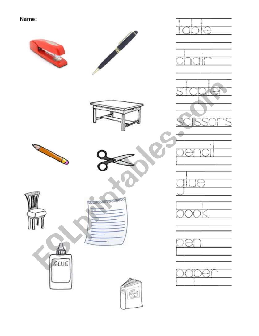 Classroom Items worksheet