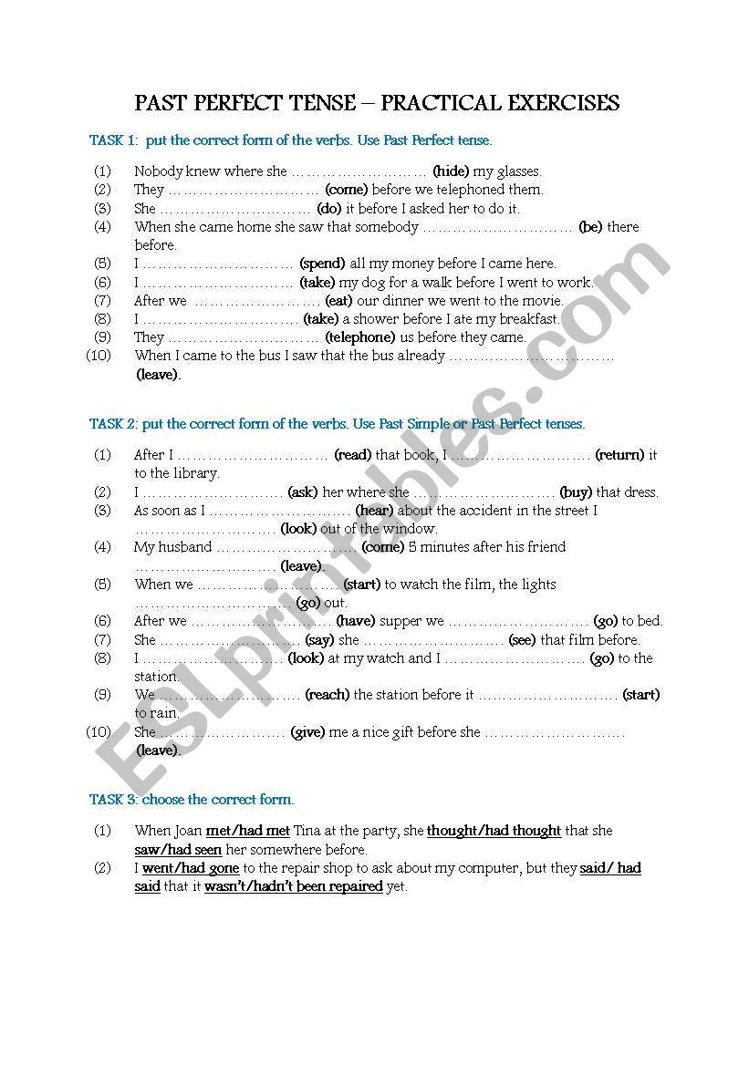 past perfect tense - practical exercises