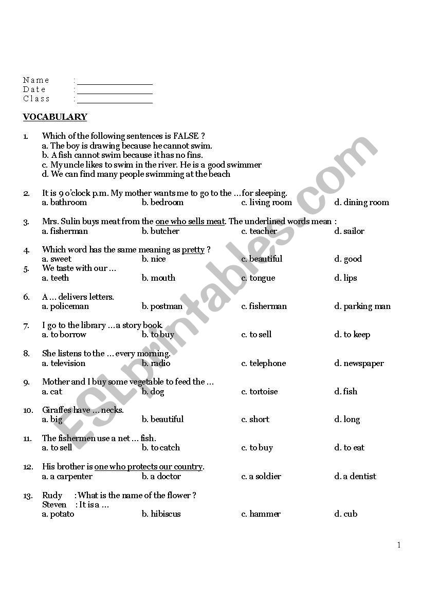 Vocabulary tests exam worksheet