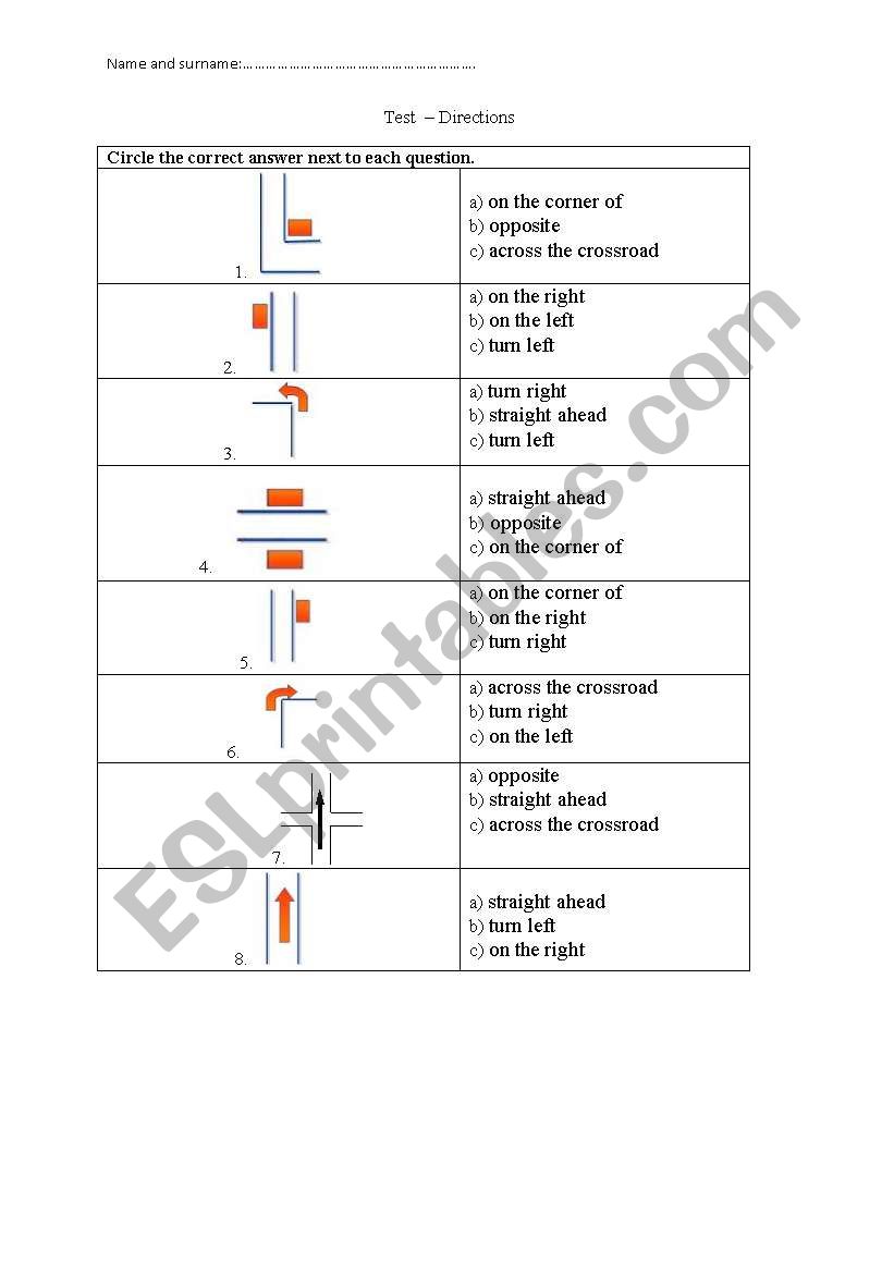 Directions - test worksheet