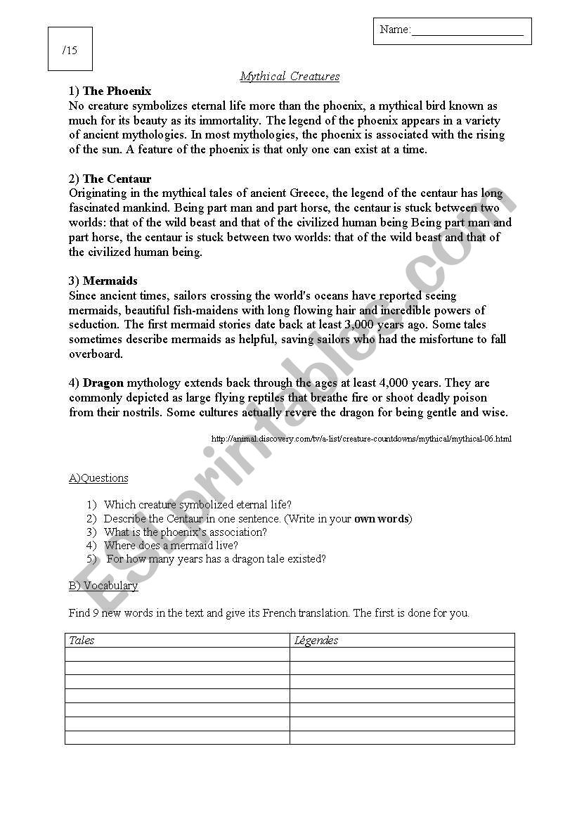 Mythical Creatures worksheet