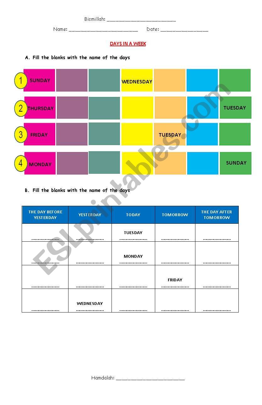 days in a week worksheet