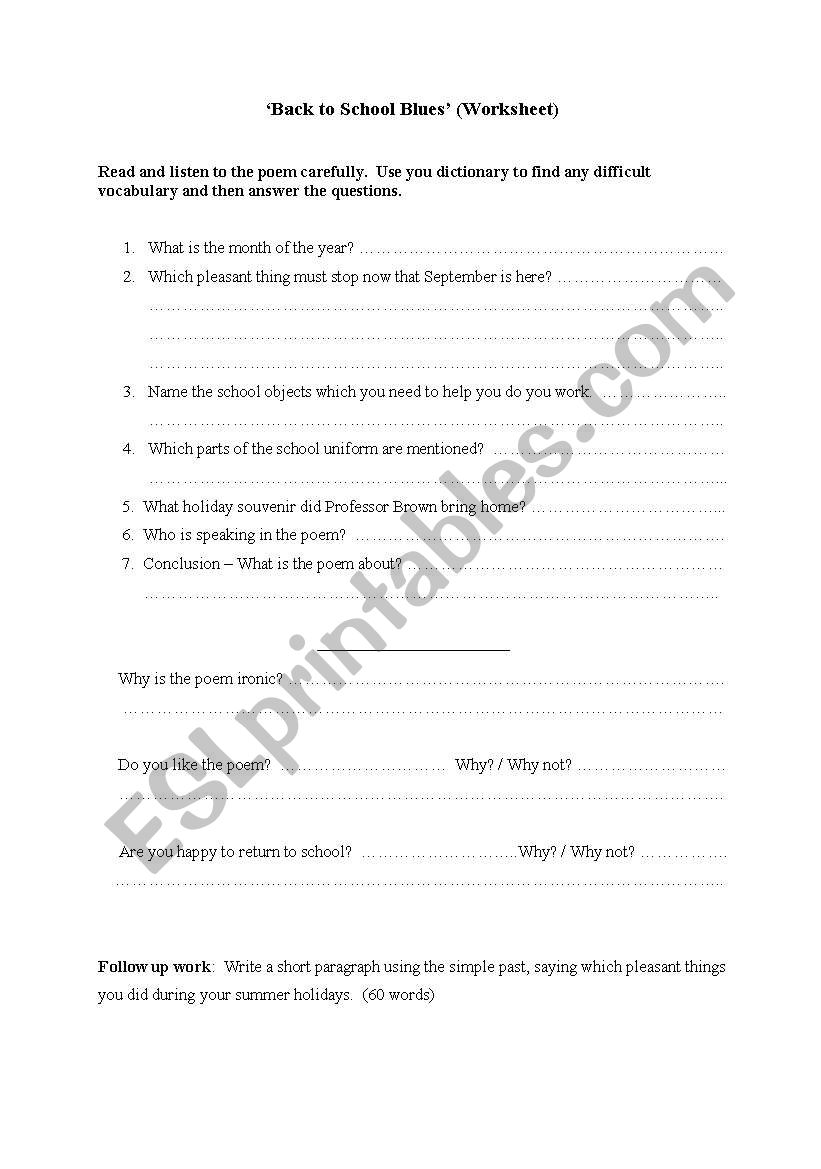 Poem: Back to  school blues. worksheet