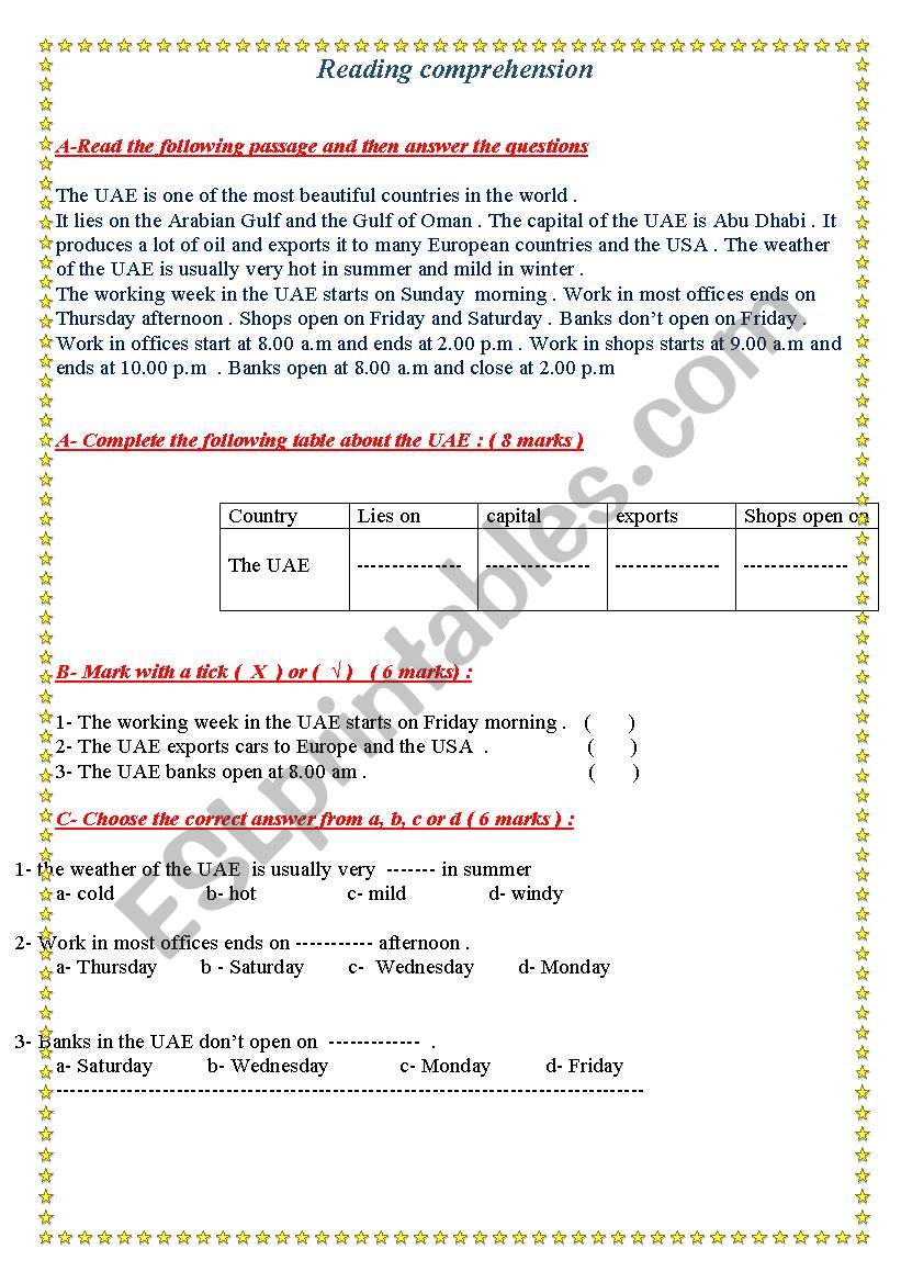 reading  worksheet