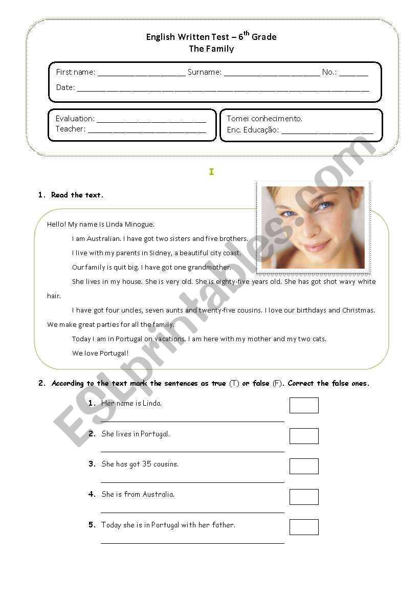 English test about Family for 6th grades  Portuguese Students (With answer key included)