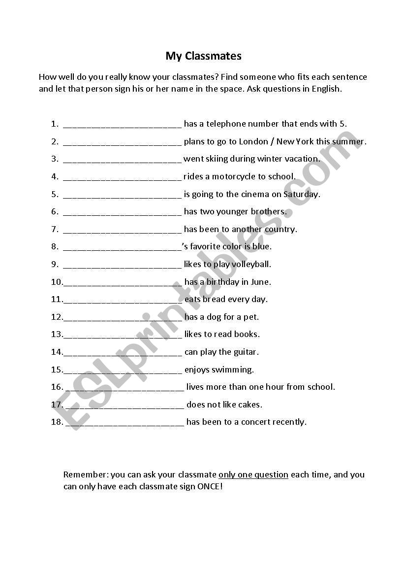 my classmates worksheet