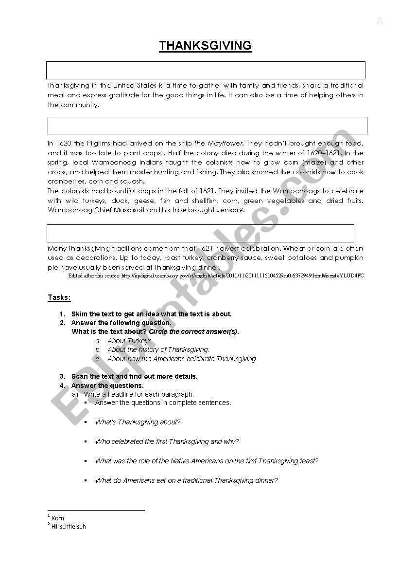 Thanksgiving Reading worksheet