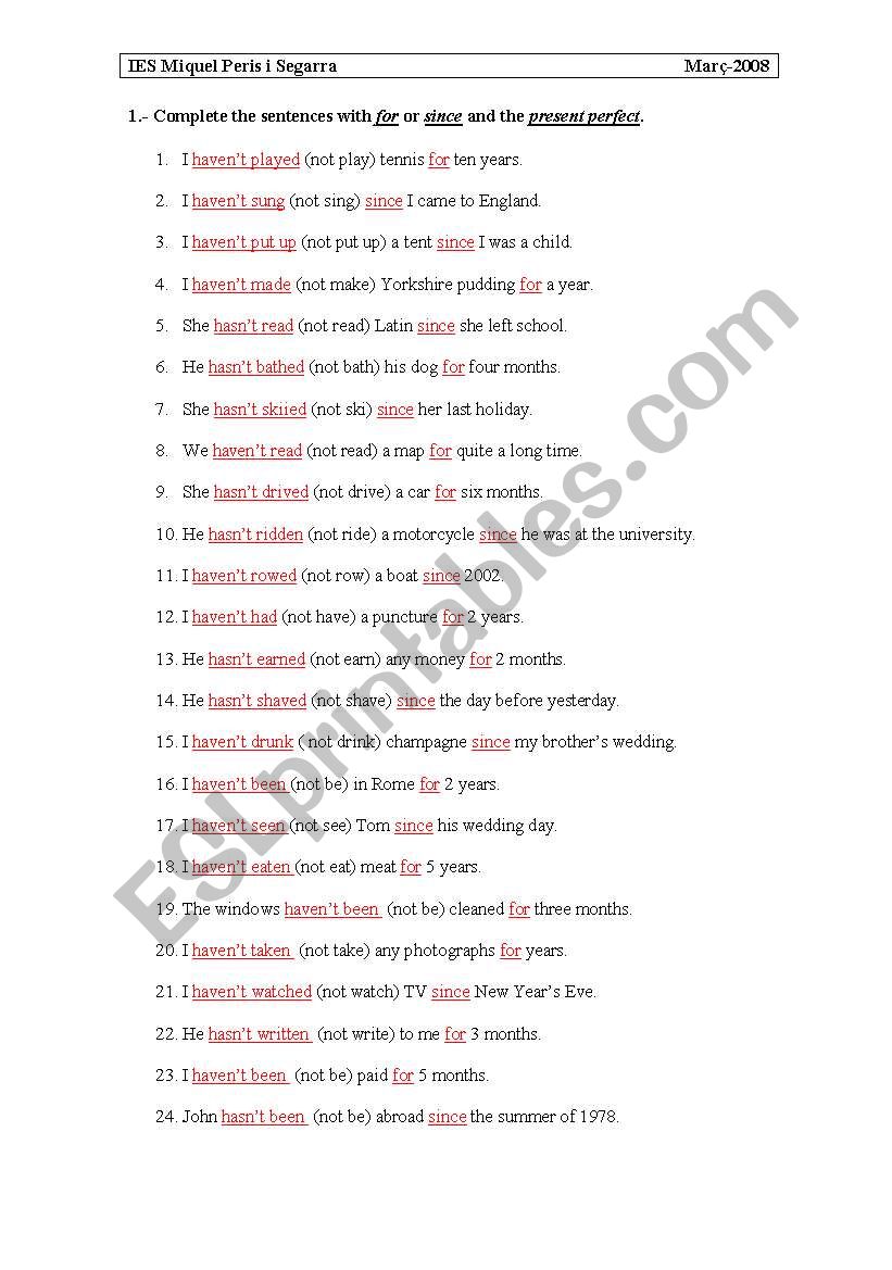 present perfect, for/since worksheet