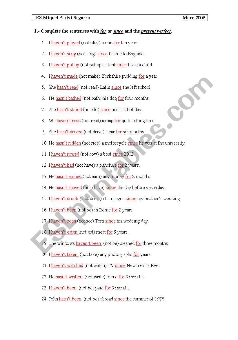 present perfect, for/since worksheet