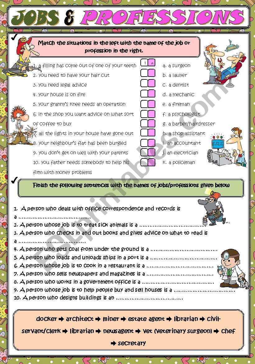 Jobs and professions worksheet