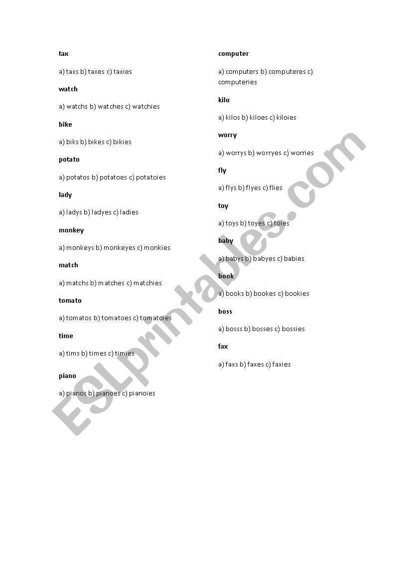 PLURALS worksheet