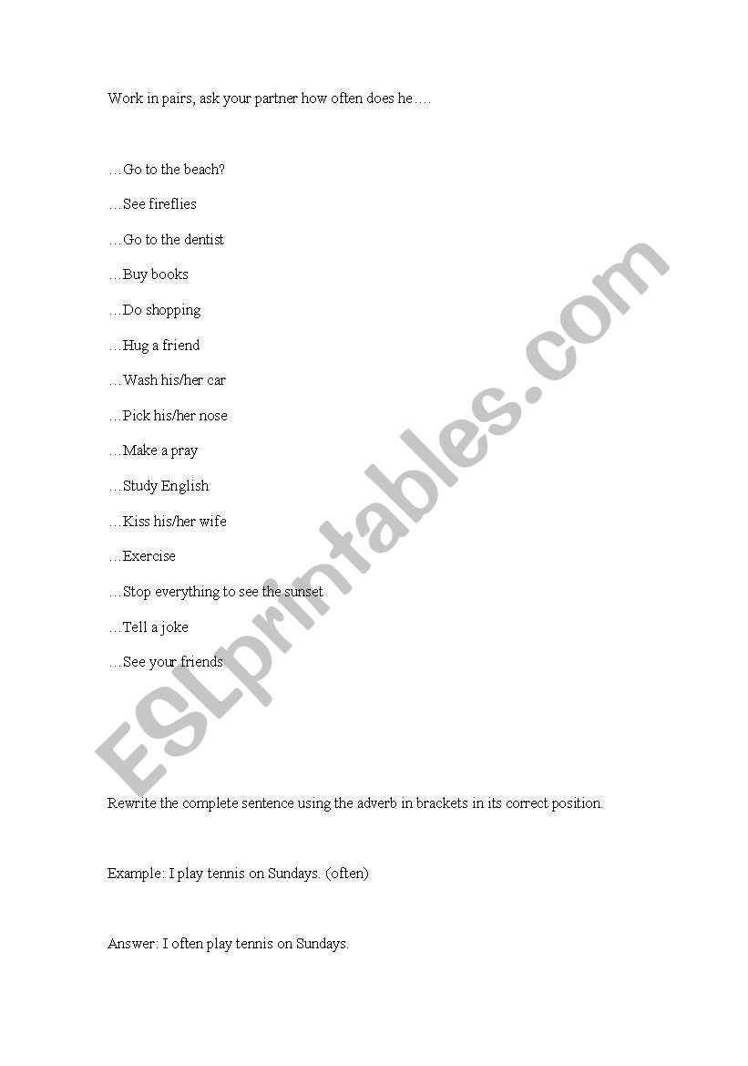 How Often quesions worksheet