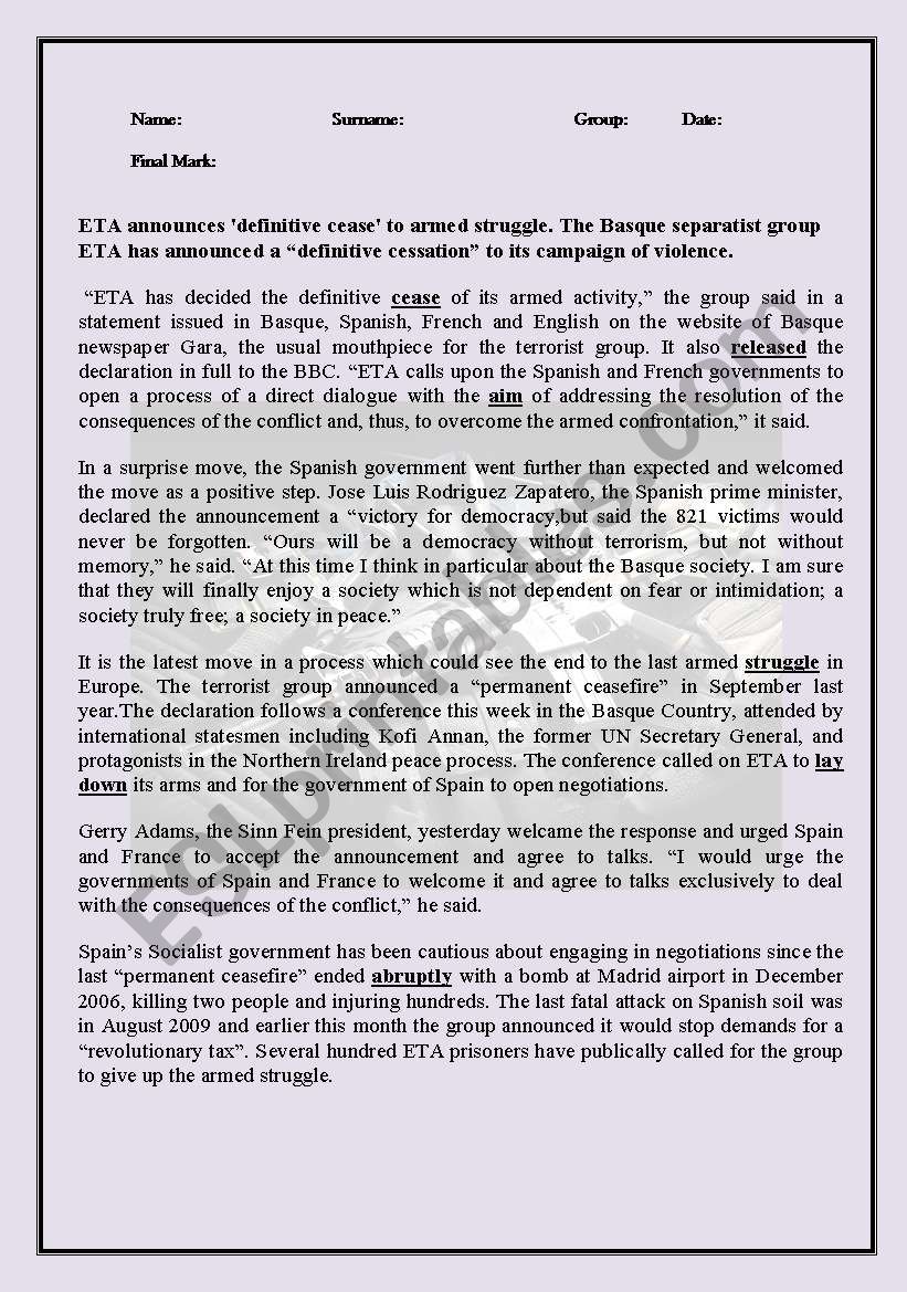 2Âº BAC reading and comprehension text for university entrance